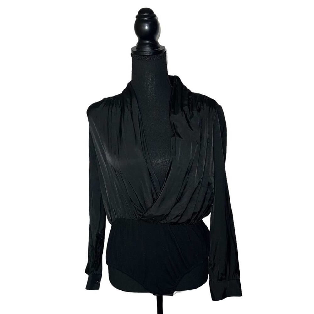 May & Maya Bodysuit Black Satin Knit Long Sleeved Draping Plunge Women’s S